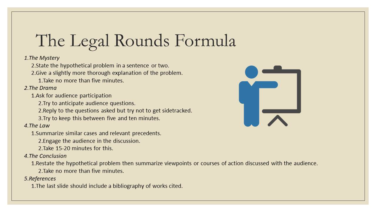 The Legal Rounds Formula: 1. The Mystery a. State the hypothetical problem in a sentence or two. b. Give a slightly more thorough explanation of the problem. i. Take no more than five minutes. 2. The Drama a. Ask for audience participation i. Try to anticipate audience questions. ii. Reply to the questions asked but try not to get sidetracked. iii. Try to keep this between five and ten minutes. 3. The Law a. Summarize similar cases and relevant precedents. i. Engage the audience in the discussion. ii. Take 15-20 minutes for this. 4. The Conclusion a. Restate the hypothetical problem then summarize viewpoints or courses of action discussed with the audience. i. Take no more than five minutes. 5. References a. The last slide should include a bibliography of works cited.