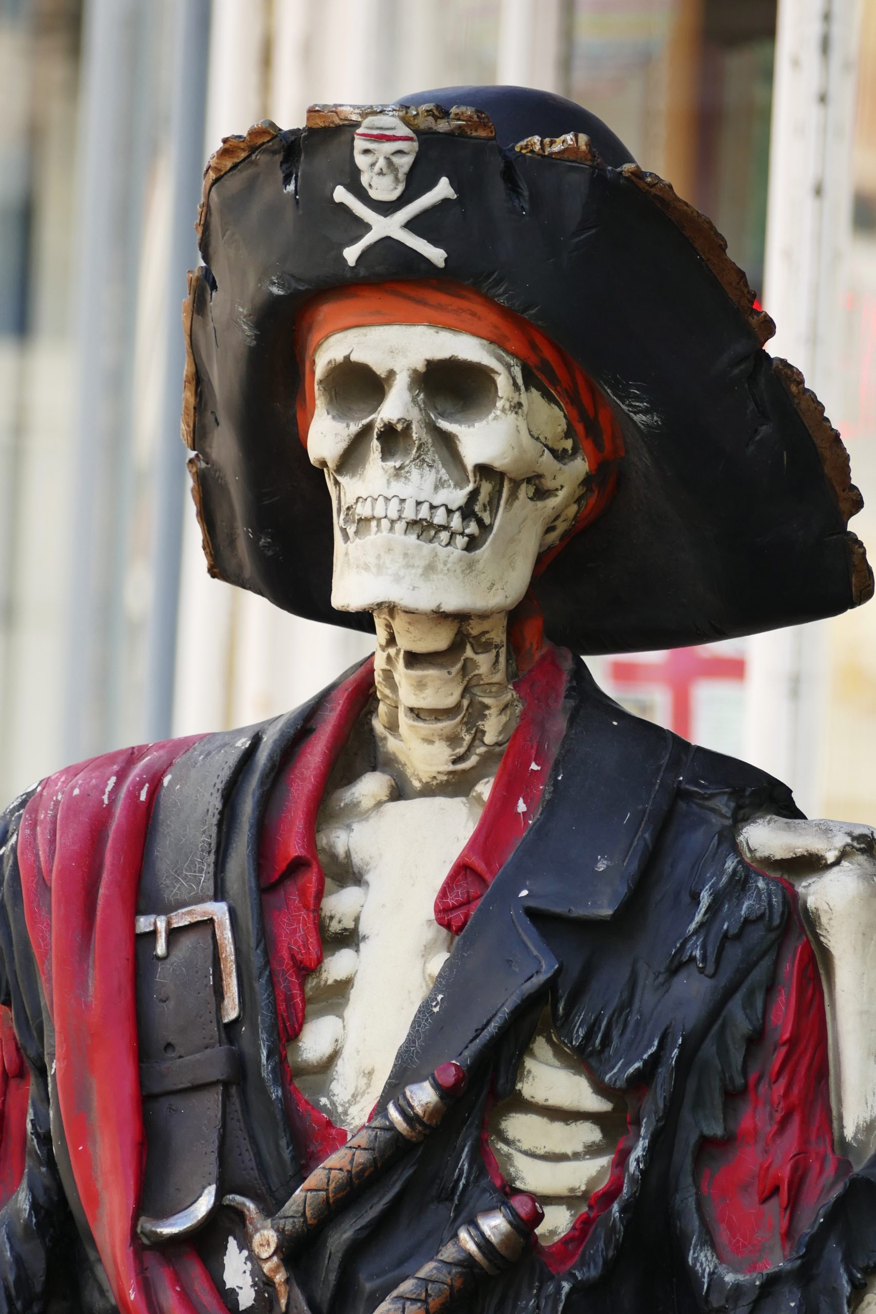 A wooden scuplture os a skeletpexels-anthony-5626573on dressed in pirate garb.