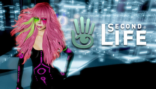 A female avatar with pink hair is standing next to the Second Life logo.