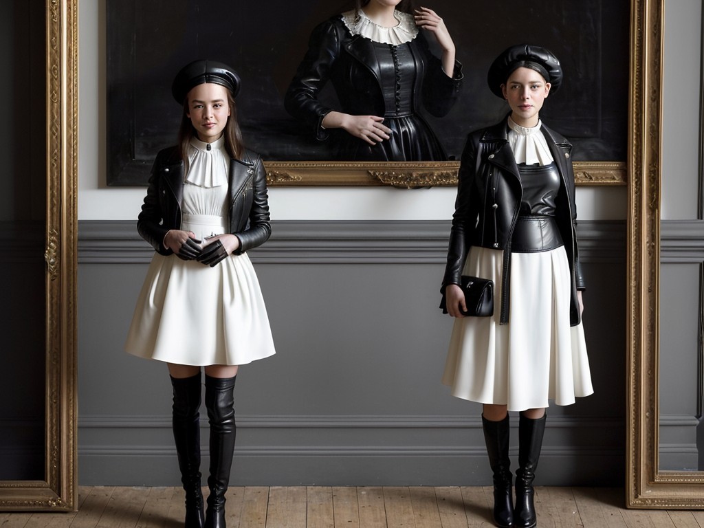 An image created with Easy Diffusion AI. The image shows two women standing an arm's length apart. Each is a white woman with brown hair, and each is wearing a black beret, black boots, a white dress, and a black leather jacket.