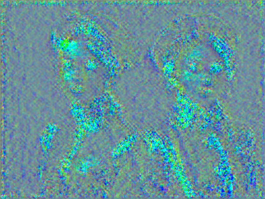 A color image showing a rendering artifact by Easy Diffusion. The image is highly pixelated with areas of blue, grey, and turquoise, and resembles two human figures, possibly wearing jackets and hats.