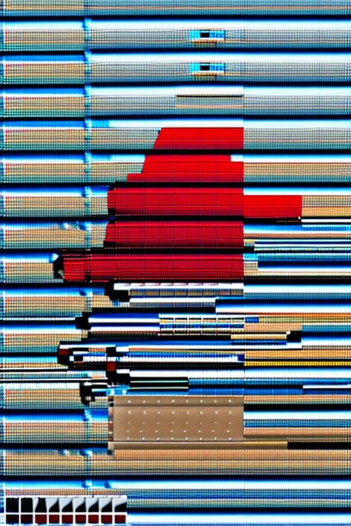 A render artifact that appears to be rows of tesselated pixels, mostly in blue and grey, with a strong red area near the center and beige areas near the bottom.