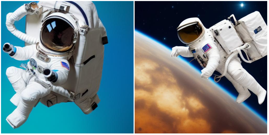 Two images created with Easy Diffusion AI. Each image is supposed to show an astronaut riding an axolotl, but neither one shows an axolotl, only an astronaut.