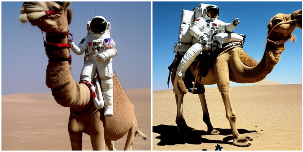 Two images created with Easy Diffusion AI. Each image shows an astronaut riding a camel in the desert.