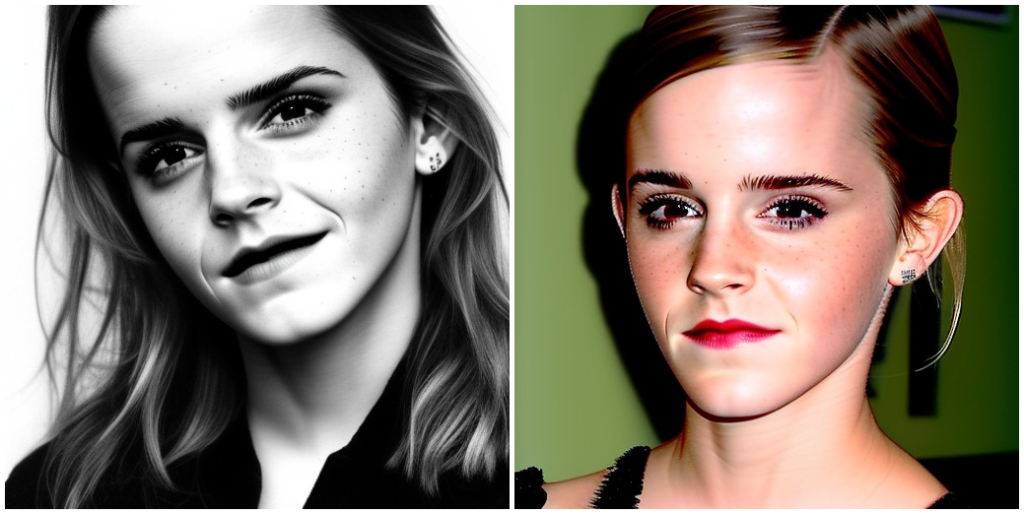 Two images created with Easy Diffusion AI. Both images appear to be of the actor Emma Watson. The image on the left is in black-and-white while the image on the right is in color.