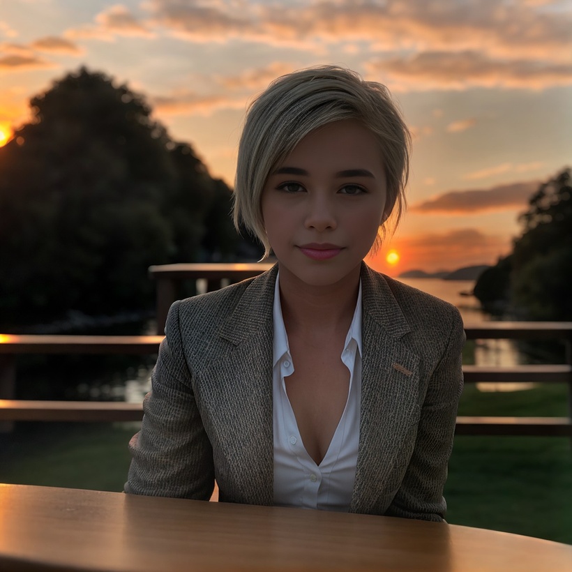 A photo of artificial idol Paola de Melho having an intimate dinner outdoors. The sun is setting behind her and the lighting is intimate. She is wearing a low cut blouse and a tweed jacket.
