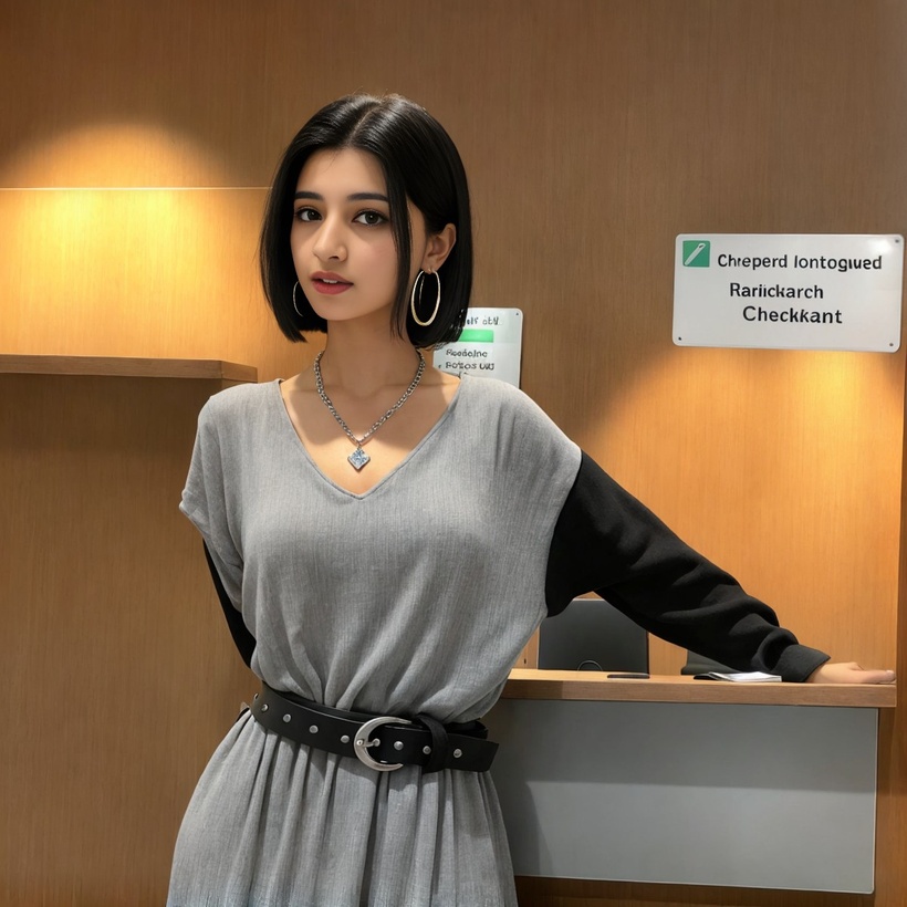 Kalyani Bose is wearing a grey dress with a black belt and black sleeves as she leans against a check-in counter at an airport.