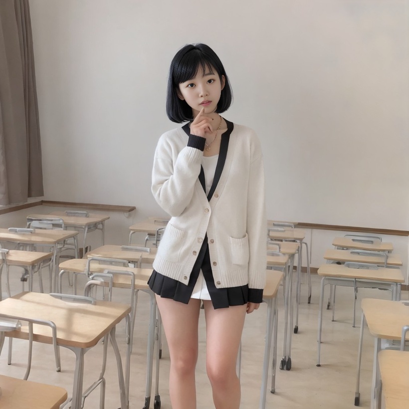 Ivy is posing in a classroom while wearing a white cardigan with black trim over a white miniskirt.