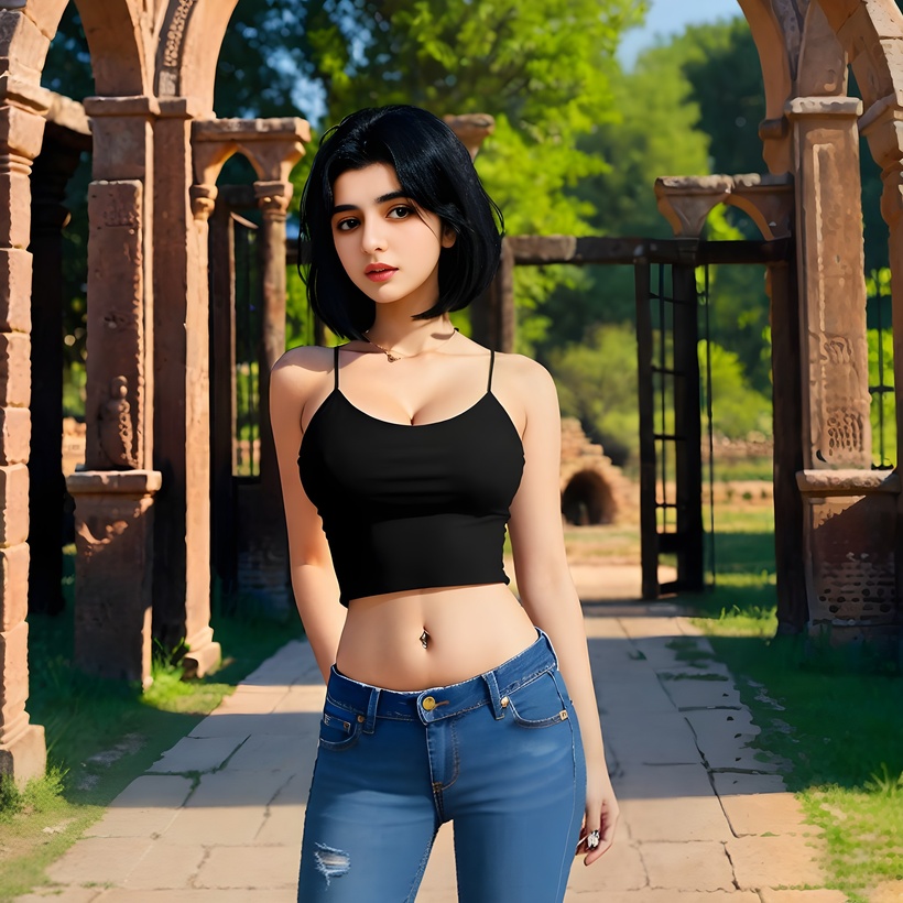 Kalyani Bose is standing in front of some ancient ruins made from carved stone and metal. She is enjoying the sunny day and is wearing blue jeans and a black crop top.