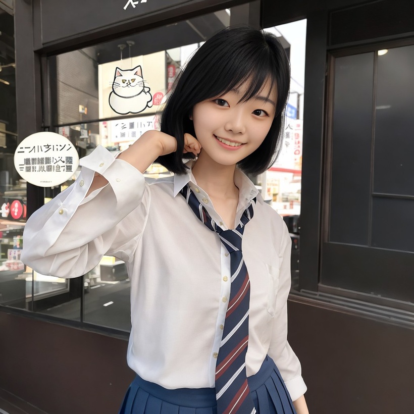 Ivy Wong is smiling as she stands outside a cat cafe. She is wearing a blue pleated skirt, a white blouse, and a striped necktie.