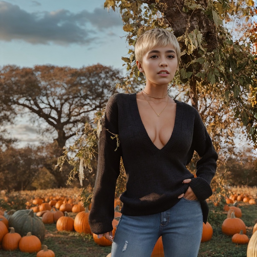 Paola is wearing blue jeans and a revealing sweater as she stands in a pumpkin patch. She is lit from behind implying the setting sun.