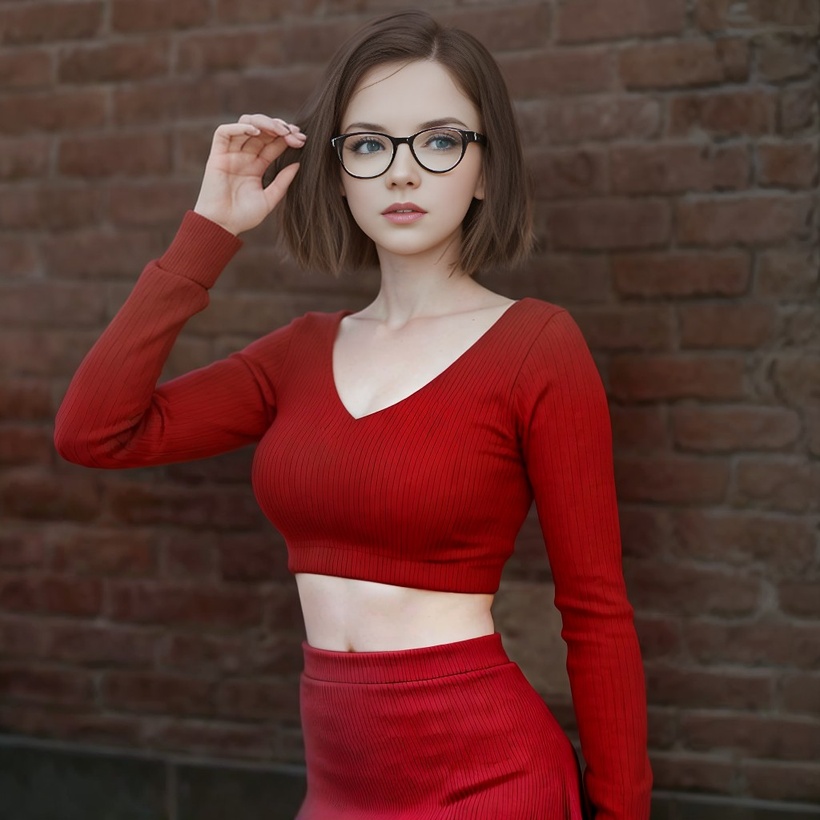 Chloe is wearing a red top and skirt while standing in front of a brick wall as she adjusts her eyeglasses.