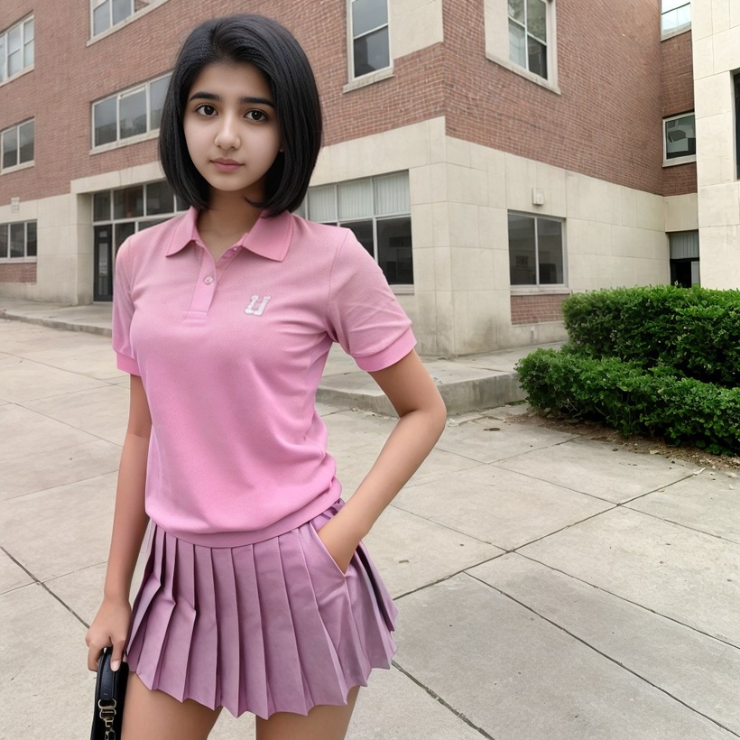 Kalyani Bose is standing in front of an old university building made of brick and stone. She is wearing a pleated pink miniskirt and a matching polo shirt.