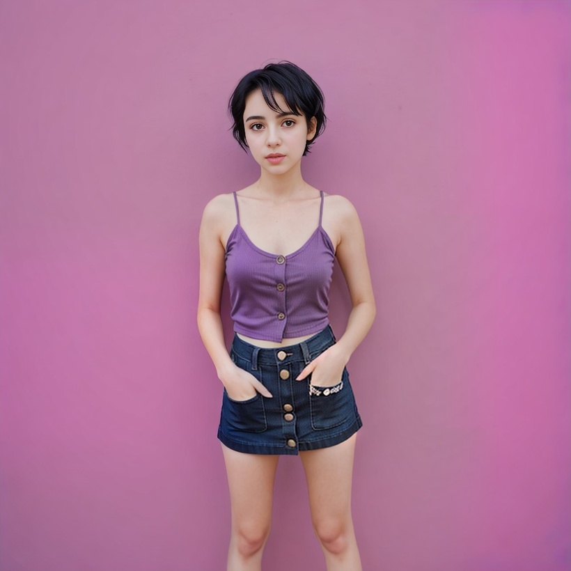 Venus is wearing a denim miniskirt and a purple tank top while standing in front of a pink wall. Her hands are in the front pockets of her skirt.