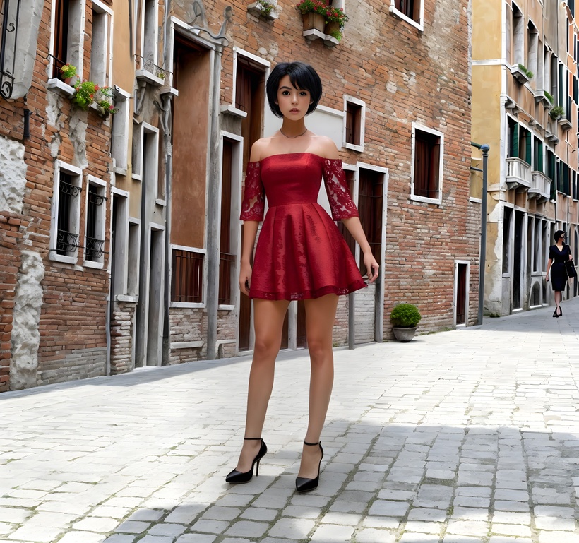 Venus Diamandis looks elegant as she stands on a narrow street in Venice, Italy. She is wearing a short red silk dress trimmed with red lace.