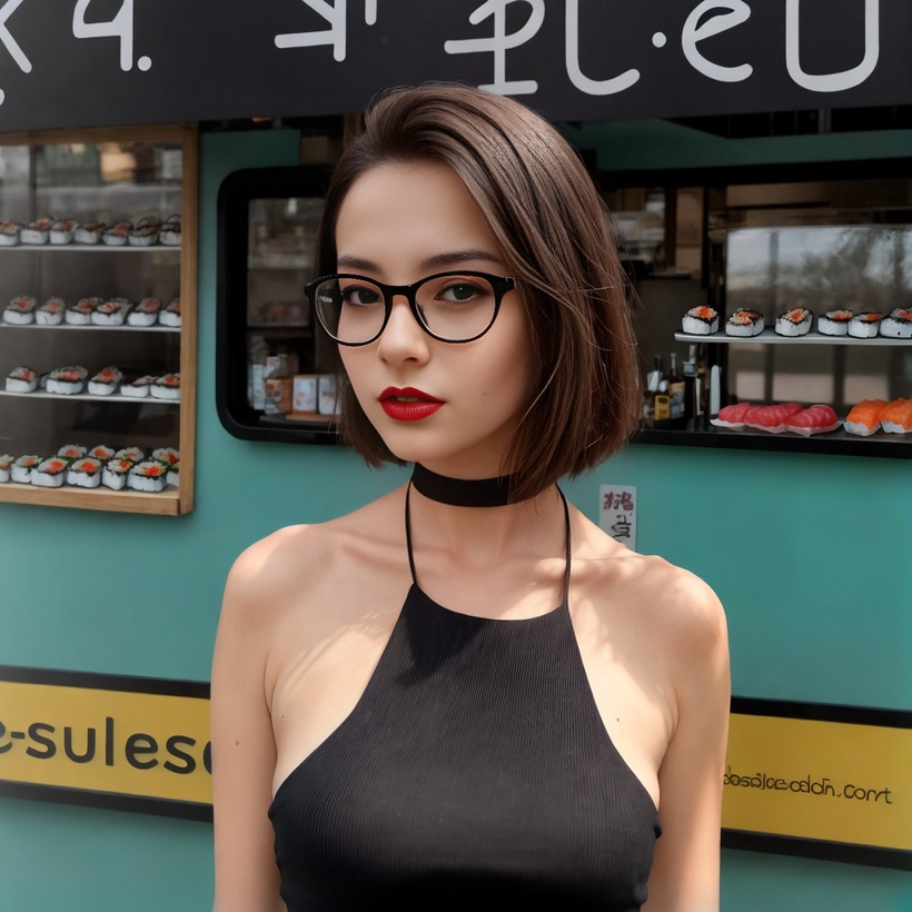 Chloe is standing in front a food truck selling sushi. She is wearing a black halter top and eyeglasses.