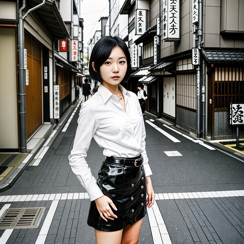 A photograph of artificial idol Ivy Wong standing on a narrow street in Tokyo, Japan.