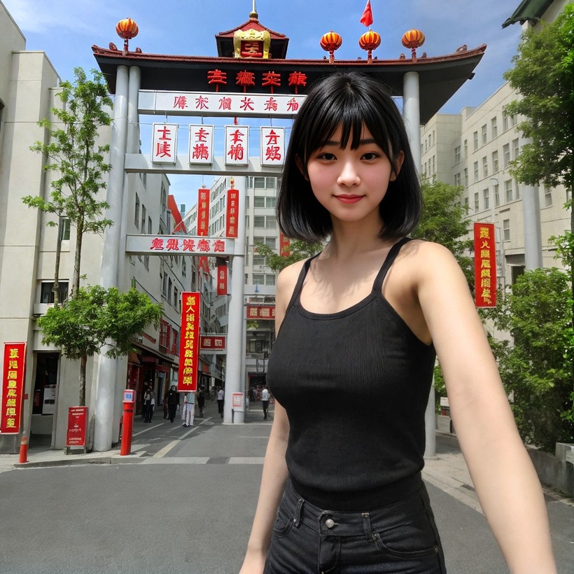 Ivy Wong is standing in front of an ornate red gate nestled between modern buildings. She is taking a selfie.