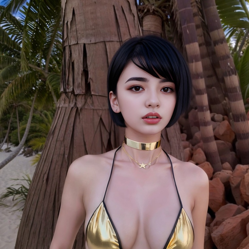 Venus Diamandis wears a golden bikini and gold necklaces as she stands under a palm tree near a beach.