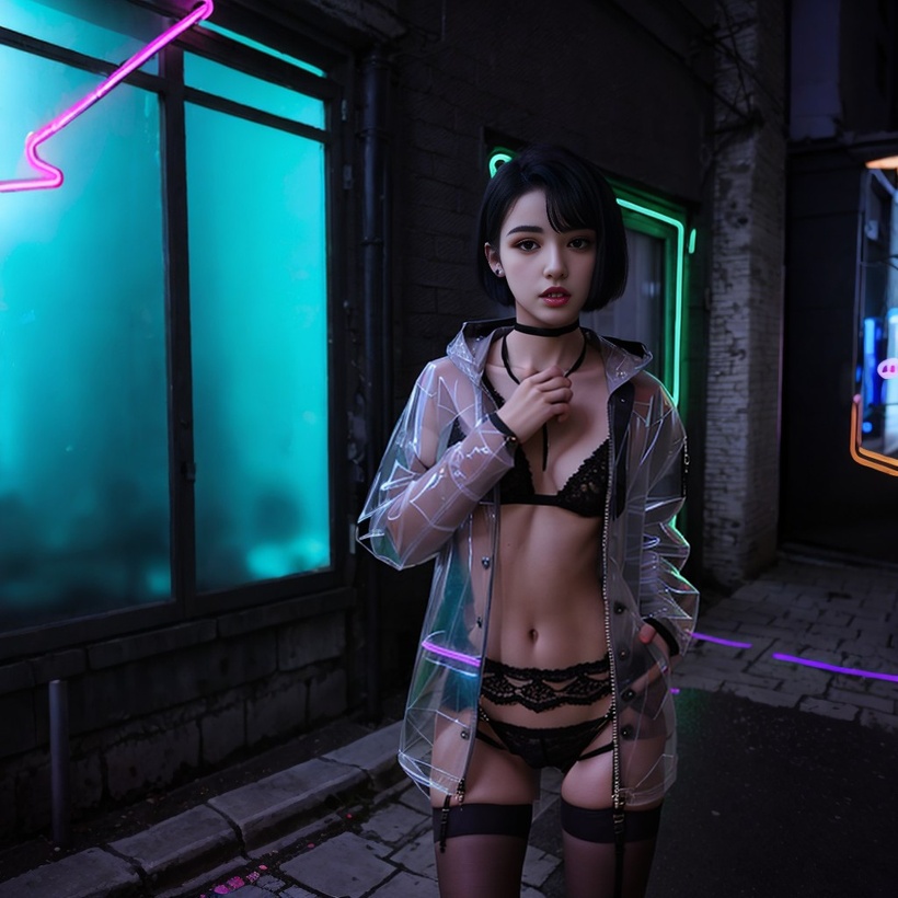 Venus Diamandis wears a clear vinyl raincoat over black lace lingerie in a dark alley lit by neon lights