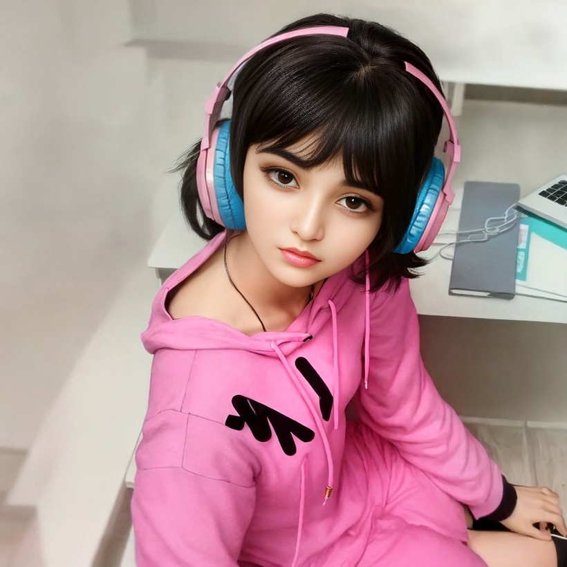Kalyani is looking up at the viewer while seated at a desk. She is wearing a pink hooded sweatshirt and pink headphones.