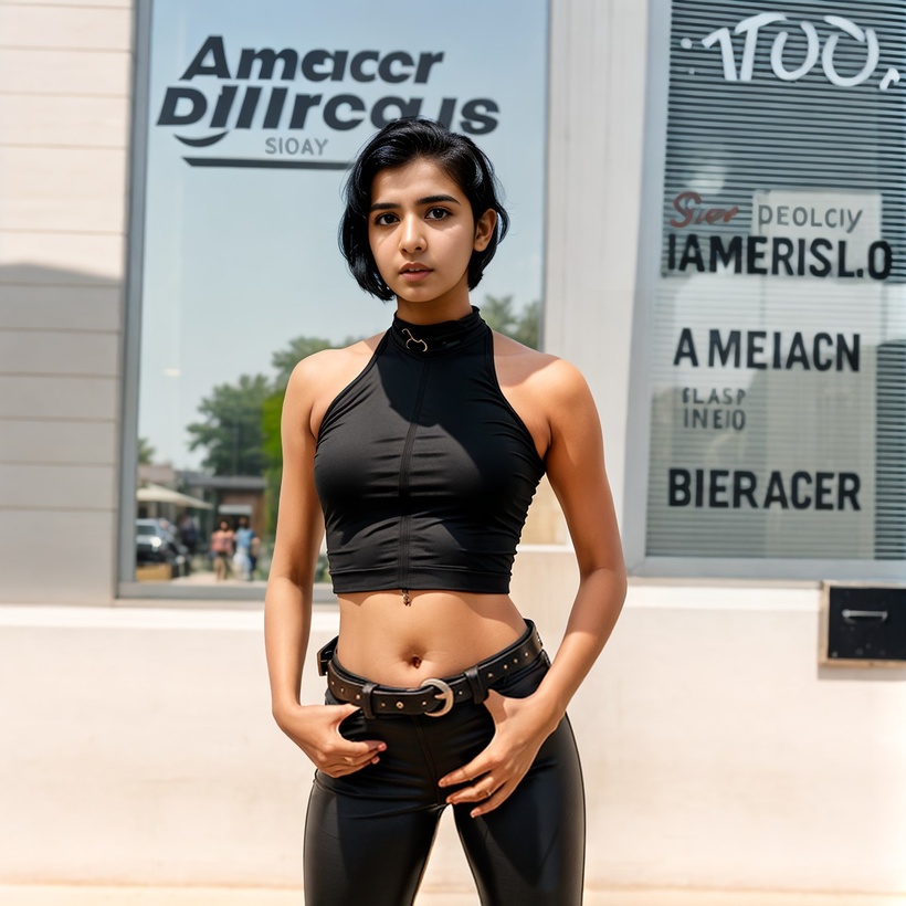 Kalyani is dressed in tight black leggings and a tight black halter top. She is posing in front of the façade of an older store.